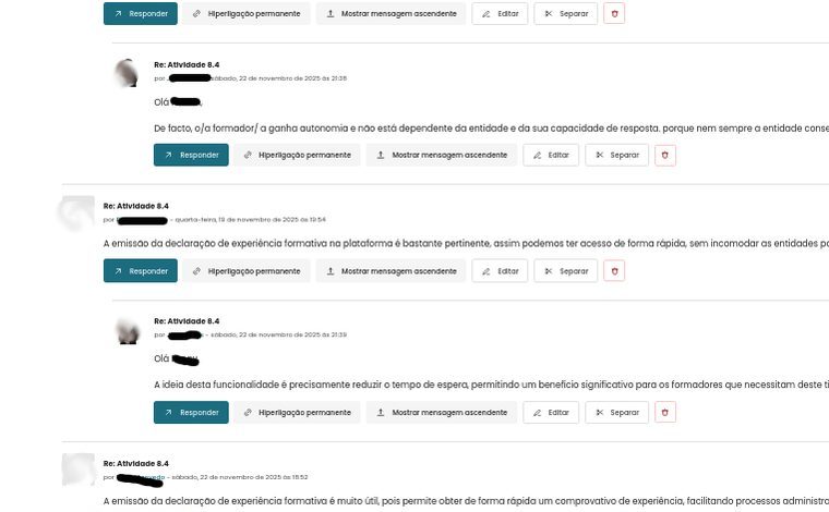 Interior do fórum: feedbacks do formador e respostas dos formandos