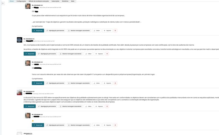 Interior do fórum: thread longa com múltiplas respostas encadeadas